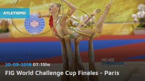 Este domingo 30/09 no te podés perder la FIG World Challenge Cup Finales de Gimnasia Artística.

→ A partir de las 07.15 - desde París *Para verlo <EN VIVO> ingresá a TyCSportsPlay.com  o al evento directamente acá: bit.ly/2QcfeAw  |
(<a href="/gymnastics/">FIG</a>)