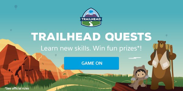 trailhead's tweet image. #DF18 is coming to a close, but the fun doesn't stop there. Keep the learning going with #TrailheadQuests
Challenge yourself to learn new skills for a chance to win fun prizes all year long. 🎉🐻
Let the games begin: sforce.co/2zE6Kg2 🕹️