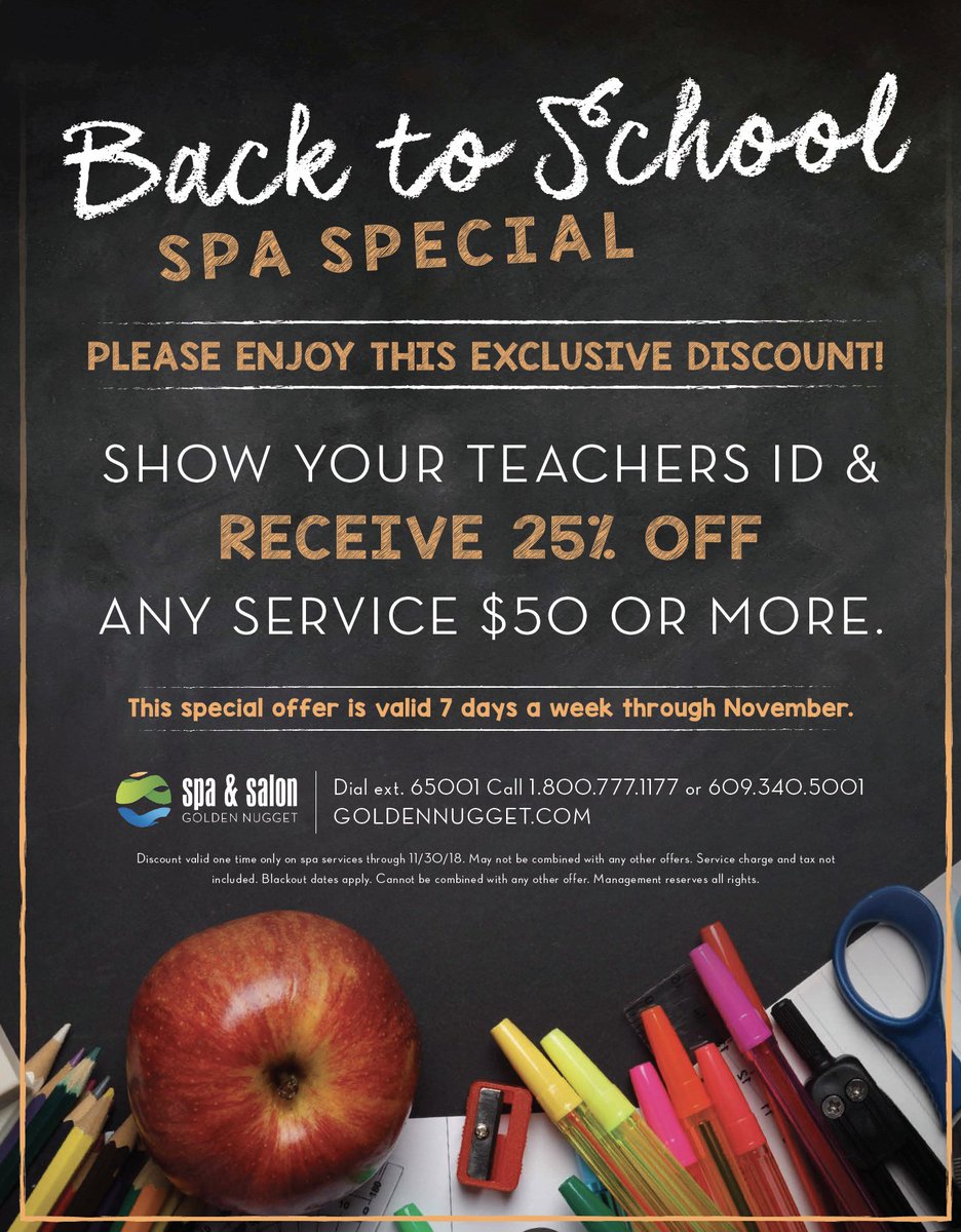 goldennuggetac's tweet photo. Teachers, pamper yourself with an #AtlanticCity Escape.
Check out our #BackToSchool spa specials today! https://t.co/YrJsd0vTGI #acgoldenspa https://t.co/csKuLqdHk1