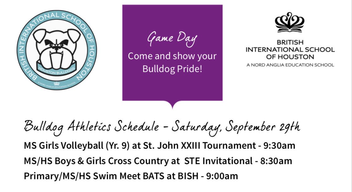 Good luck to our <a href="/BISHouston/">BIS Houston</a> #Bulldogs Cross Country, Swim, &amp; Volleyball teams competing tomorrow morning.
