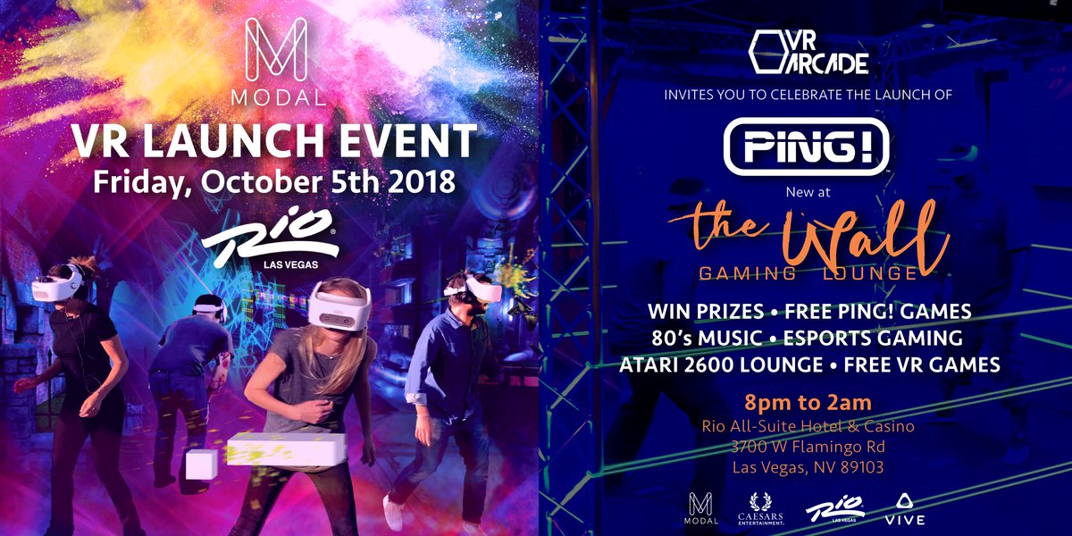 modalvr's tweet photo. @Nolan and the @Modal team invite you to join us in LAS VEGAS to celebrate the launch of PING! at @TheWallLounge located inside @RioVegas. Friday, Oct 5th. Use code: PINGGA to grab free tickets (limited availability). https://t.co/2HWzI9Pf95 https://t.co/2D8iB0trIH