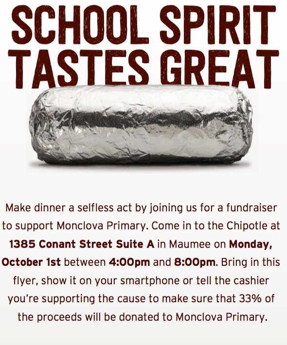 awlsmo's tweet photo. Dinner plans are set for you on Monday, Oct. 1! It's our 1st Dine to Donate event, Chipotle from 4 to 8 pm. Bring this flyer, invite all of your family and friends. #lovechipotle #nocooking https://t.co/3HhzpG9rsg
