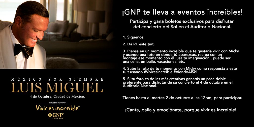 GNPSeguros's tweet photo. ¡GNP te lleva a eventos increíbles! PARTICIPA y GANA boletos exclusivos para disfrutar del concierto del #Sol en #CDMX. Términos y condiciones: https://t.co/QyMGYCbHgP https://t.co/kArASAGhcY