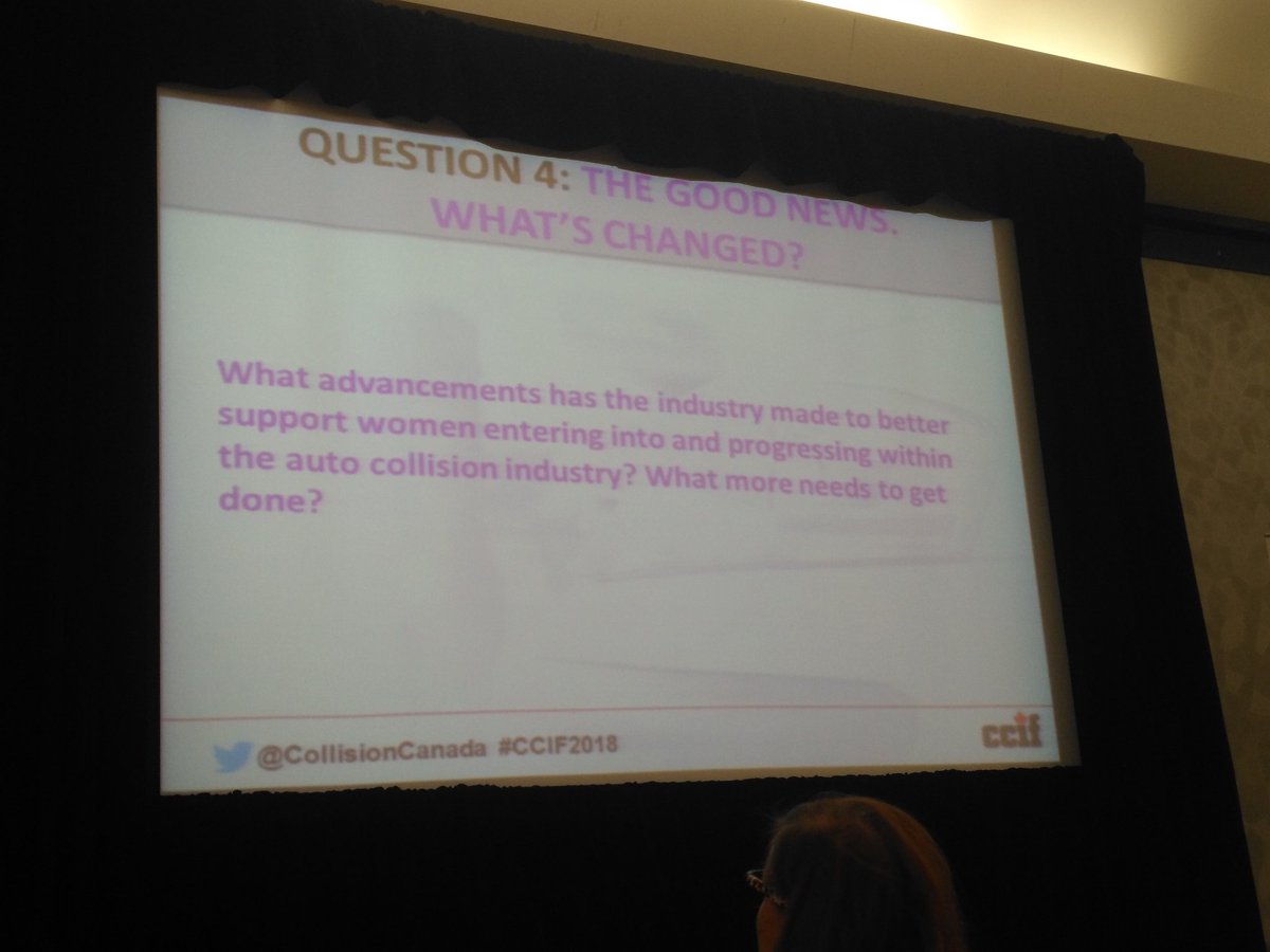 CollisionCanada's tweet photo. "Preparing employees for a female coming into a #collisionrepair shop is important as language at the shops can sometimes be 'abrasive'." - woman panelist. #ccif2018 #genderequity https://t.co/3yYsdtlYmp