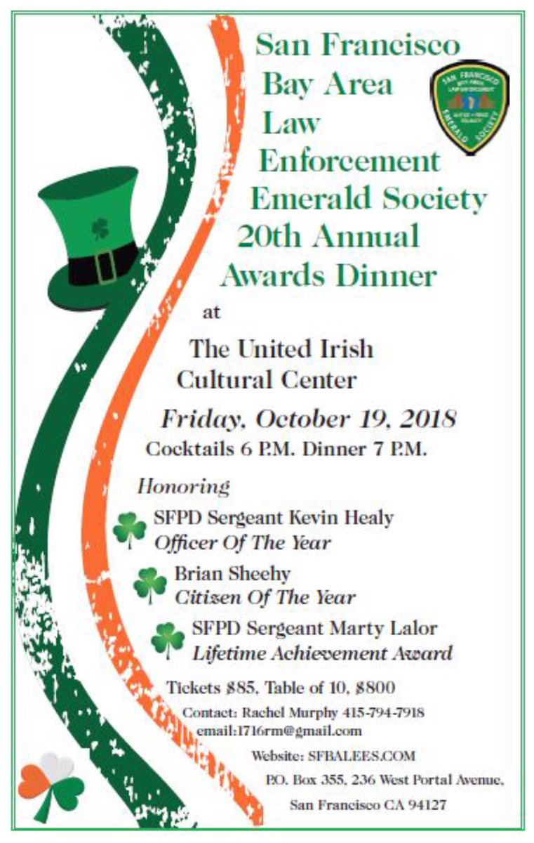 Join us for our annual Awards Dinner. This year marks the 20th annual dinner. #sfirish #sfpdirish #sanfranciscoirish #policeheritage #emeraldsociety #sfpd
