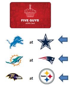 FaceOffTime's tweet photo. If the 3 teams selected below win Sunday you could win a $25 Five Guys gift card. Check out our Facebook page to play. 

https://t.co/r7EKv59afu

#Cowboys 
#Patriots 
#Steelers https://t.co/2nuNSZdctQ
