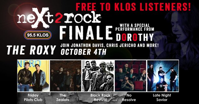 955KLOS's tweet photo. The #neXt2rock Finale is this Thursday, October 4th @theroxy and it’s FREE to KLOS listeners. Join Jonathon Davis and Chris Jericho with a special performance from Dorothy as we find out who is neXt2rock! https://t.co/d9K6Fm1dsl https://t.co/bwv6wZPyaV