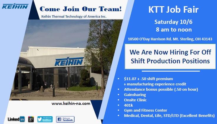 Keihin Thermal Technology is hosting a #JobFair on 10/6 from 8am-12pm. #ExcellentBenefits #OnsiteClinic #Keihin