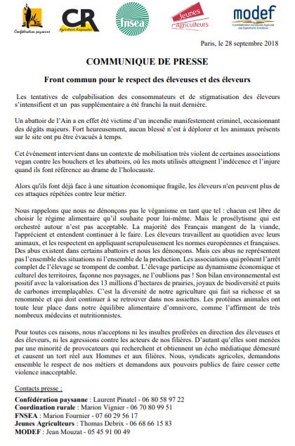 KarenSerres1's tweet photo. L'union de tous les syndicats agricoles pour denoncer l'inacceptable  et demander le respect des eleveuses et eleveurs.
Ça fait chaud au coeur de voir cette communiqué commune autour de valeurs partagés. https://t.co/4cb15Hp1Pw