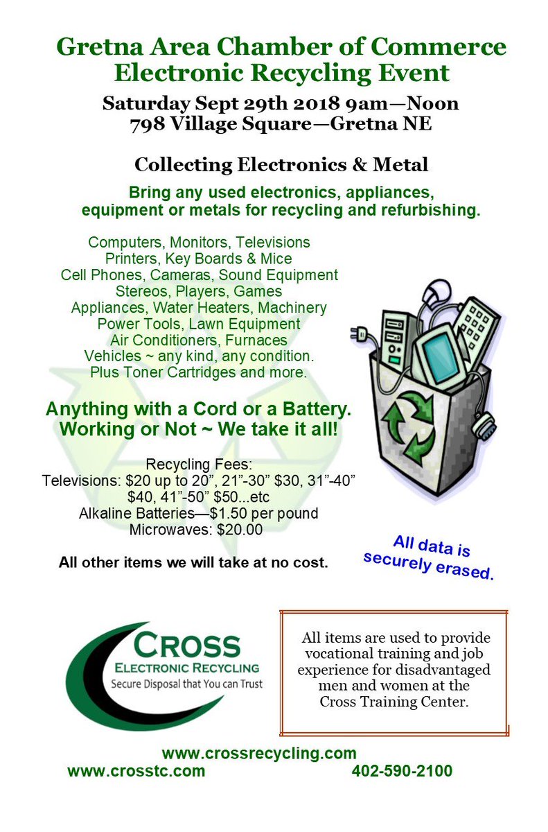 GretnaChamber's tweet photo. Make plans to be at our office between 9a and 12p TOMORROW to recycle your old electronics!  Keep them out of our landfills and provide vocational training in the process! https://t.co/wdp464njj7