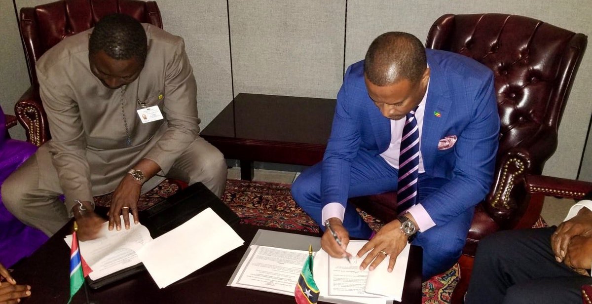 markbrantley3's tweet photo. #StKitts #Nevis is committed to  deeper engagement with #Africa. Proud to sign mutual visa waiver agreement with The Gambia through its Foreign Minister H.E. Dr. Mamadou Tangara. This eases travel between our two countries and promotes people to people contact #DiplomacyMatters https://t.co/RL4nbuT5Fw