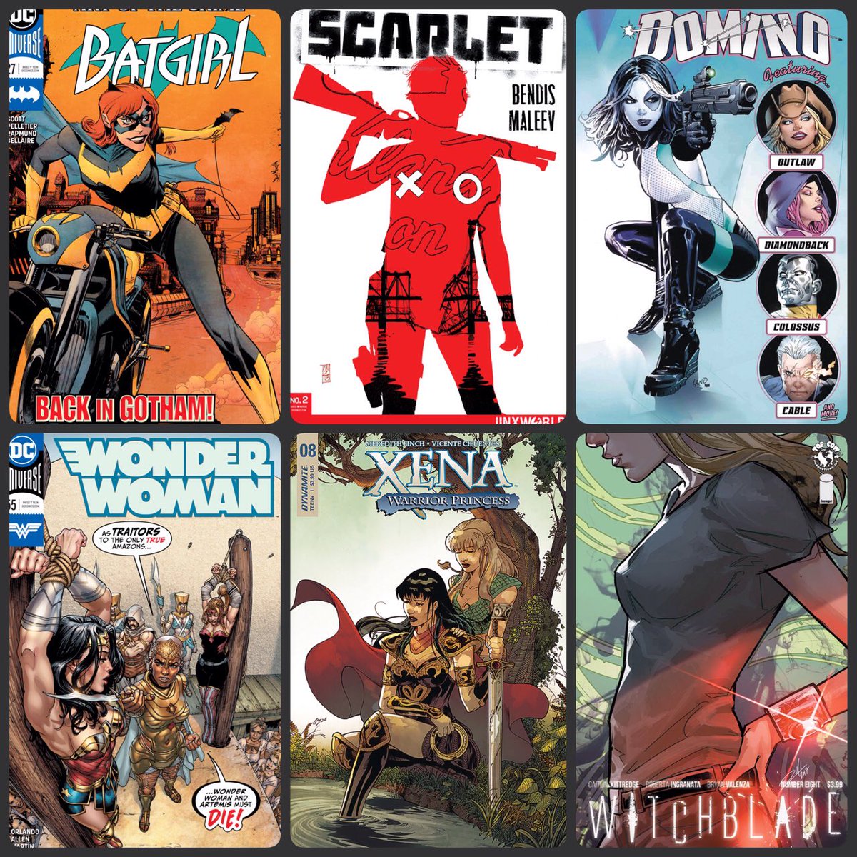 kittystavern's tweet photo. My #GWKA #NewComicBookDay picks for this week. #Batgirl #Scarlet #WonderWoman #Xena #WarriorPrincess #Witchblade #Domino #ncbd https://t.co/iMzeqg4hr9