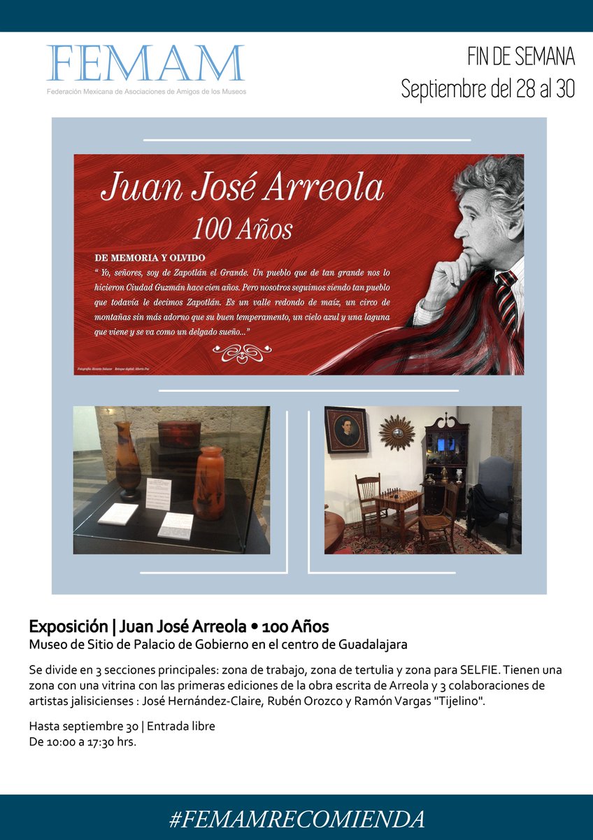 FemamMx's tweet photo. Este fin de semana tenemos una recomendación especial. Si vives en, o visitas Guadalajara, disfruta de la expo "Juan José Arreola. 100 años". @CulturaJalisco. #SelfieConArreola, #100deArreola, #FEMAMrecomienda. https://t.co/HfMt0nbMhI