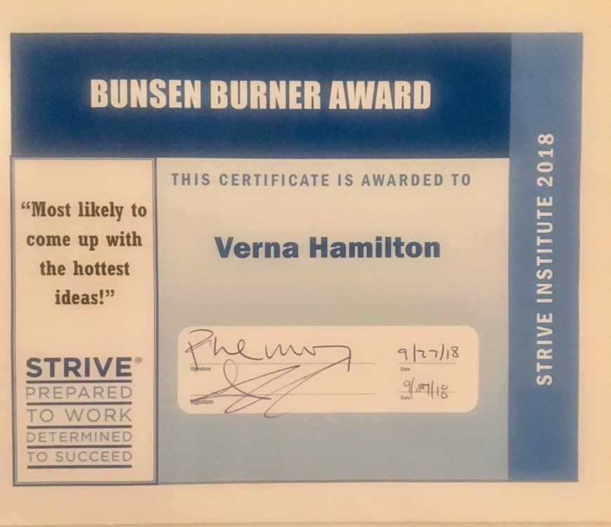 VLHamilton's tweet photo. Thanking Donnell Hill/ @STRIVEINTL for my Bunsen Burner award. #istrivefor #thankful #honored https://t.co/YyDZG6RJH5