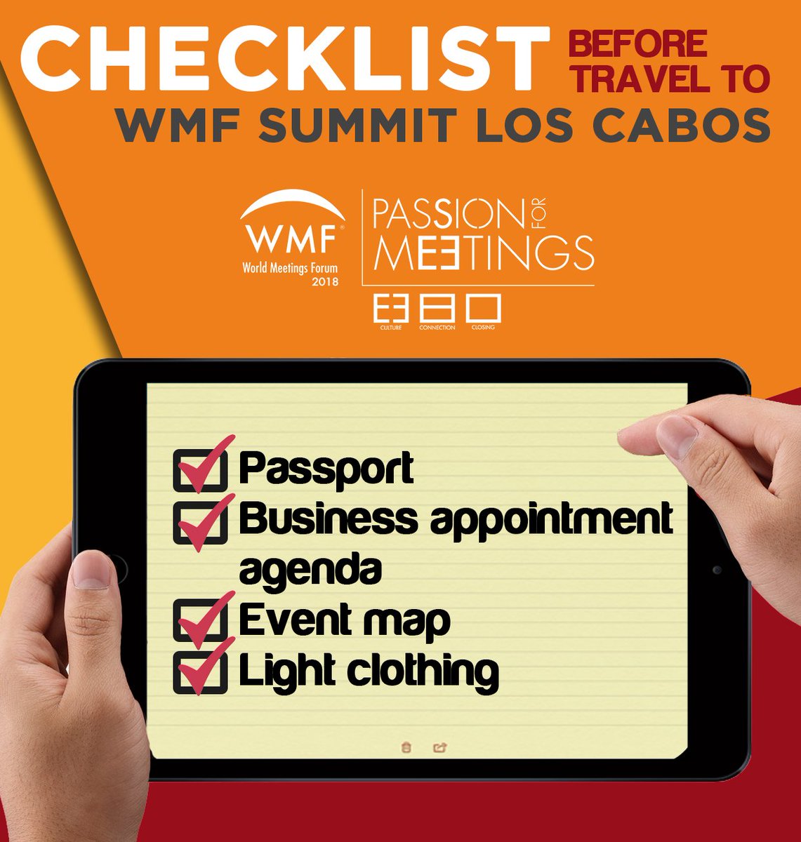 WorldMeetingsFo's tweet photo. ✅ | Before you close your suitcase verify that you are not missing anything... #WMFSummitLosCabos is around the corner, see you next week.
@HiltonLosCabos @LosCabosTourism #WMForum18 #PassionForMeetings #wmforum https://t.co/FpqVWb1Yp9