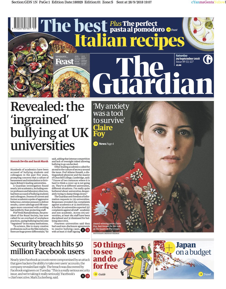guardian's tweet photo. Guardian front page, Saturday 29 
September 2018: Revealed: the ‘ingrained’ bullying at UK universities https://t.co/1kS7WmuVDH