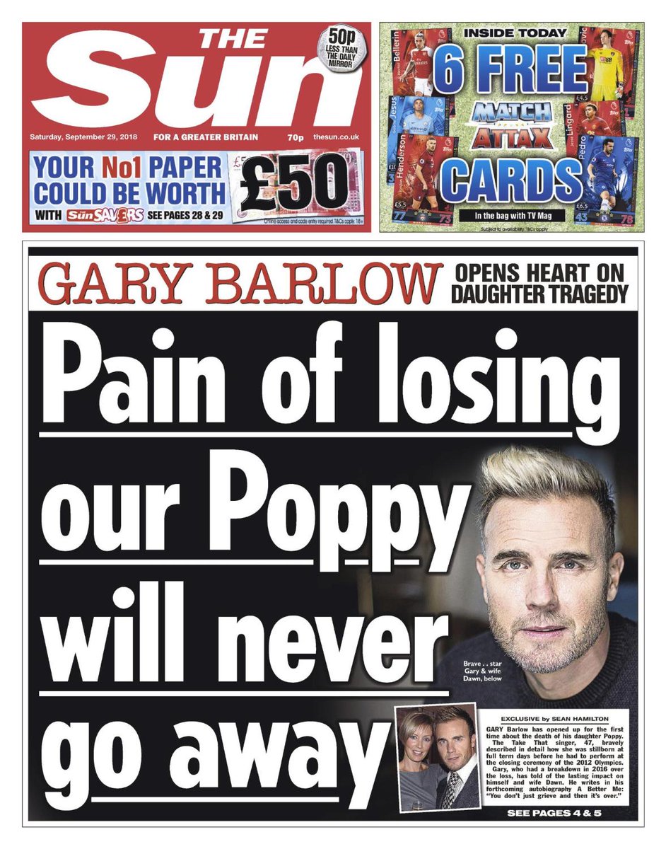 TheSun's tweet photo. Tomorrow's front page: EXCLUSIVE - Gary Barlow opens up for the first time about the death of his daughter Poppy https://t.co/c0RBcEgB8Q https://t.co/st482O532Y
