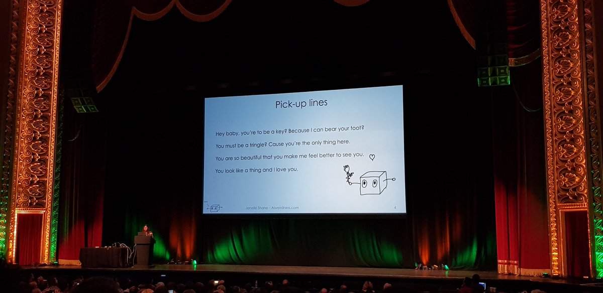 katiejots's tweet image. Machine-generated pickup lines and jokes in #strangeloop keynote by @JanelleCShane 🤣
