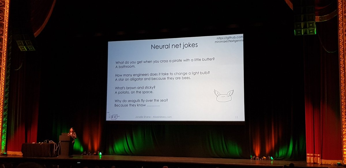 katiejots's tweet image. Machine-generated pickup lines and jokes in #strangeloop keynote by @JanelleCShane 🤣