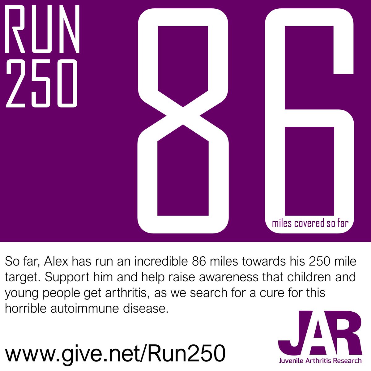 JARProject's tweet photo. Alex has run an incredible 86 miles so far - well on his way to #Run250! Support him, and help raise awareness that children and young people get arthritis at https://t.co/HJmXlKPTWf. 
#JIA #charity #JuvenileArthritis https://t.co/ZmkcF59kMF
