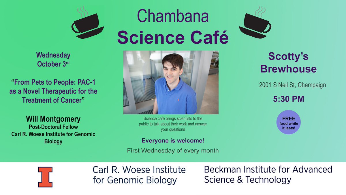 Join us Oct 3rd at 5:30 for <a href="/ChambanaSciCafe/">Chambana ScienceCafe</a> at Scotty's Brewhouse! Free food while supplies last! <a href="/brewhouse/">Scotty's Brewhouse</a> @BeckmanInst <a href="/IGBIllinois/">Genomic Biology</a>