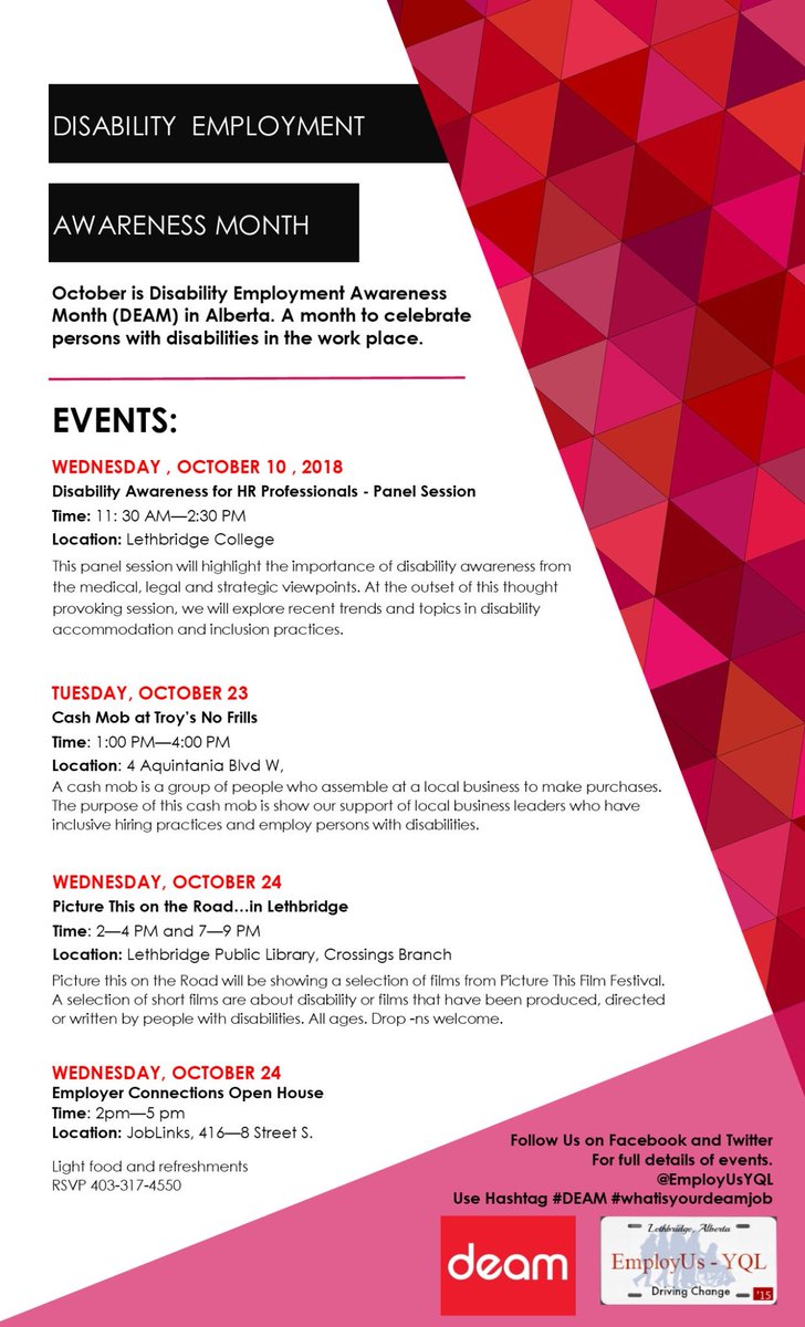 EmployUsYQL's tweet photo. October is Disability Employment Awareness Month (DEAM). Here is what is happening next week around the city: https://t.co/rTcxlRZbEd