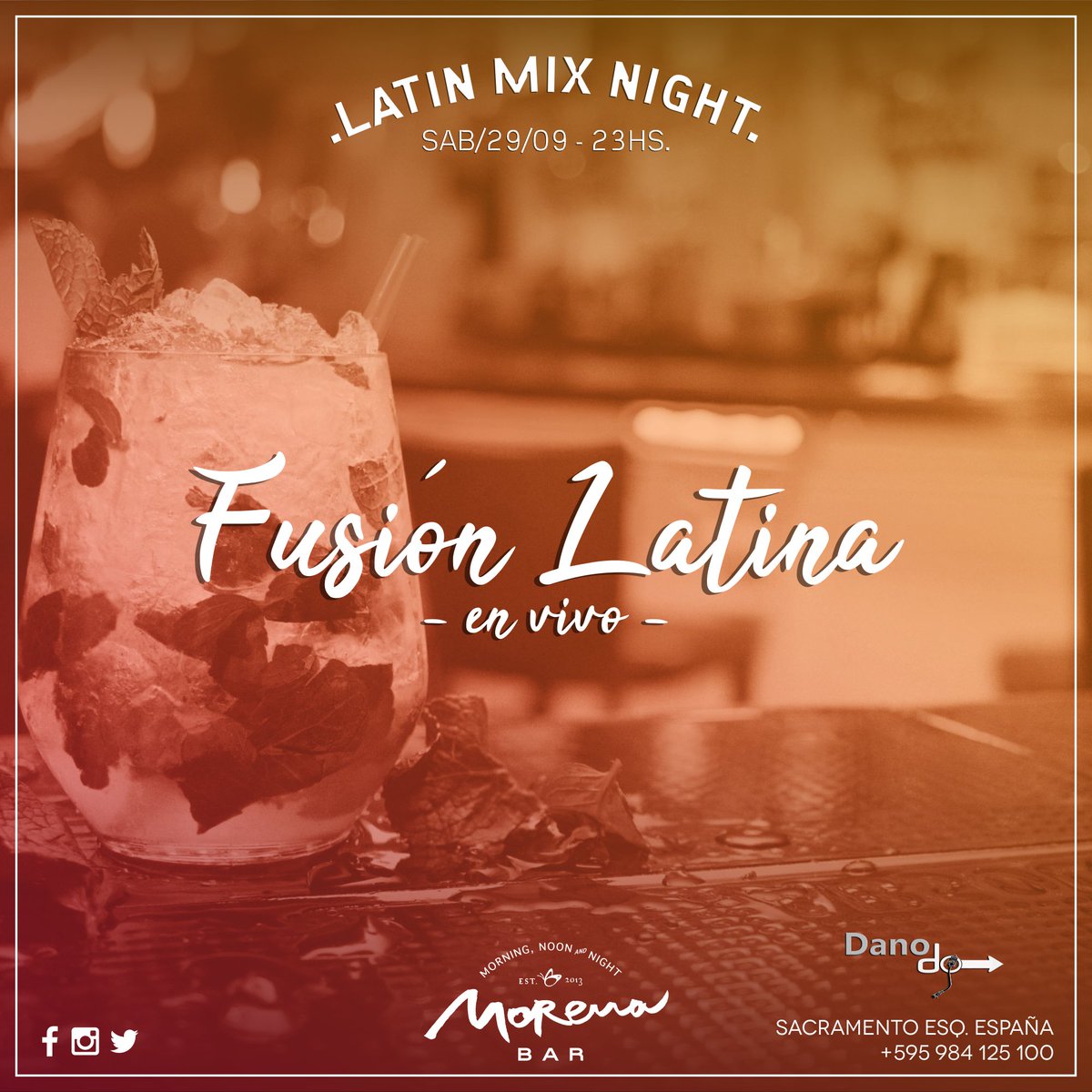 MorenaBar_Py's tweet photo. Hoy te invitamos a disfrutar el mejor Latin Mix con Dj Dano y el show en vivo de Fusión Latina.

Reservas al 0984 125 100 https://t.co/wi6N7VHhaG