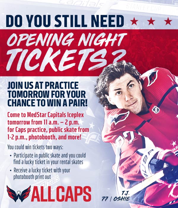 Capitals's tweet photo. Tomorrow at @MedStarIceplex! Come check out the final practice of #CapsCamp and an opportunity to win OPENING NIGHT TICKETS!
#ALLCAPS https://t.co/EXphVjJvYr