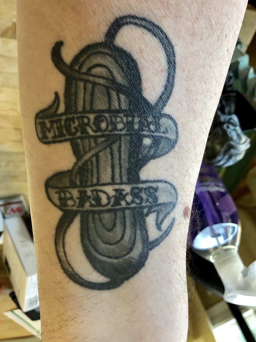 markowenmartin's tweet photo. On my left forearm, I have a #MicrobialBadass tattoo designed by @vexedmuddler . She sent temporary tattoos to me so that all of my #Bio350 #Micronauts can represent...just not permanently. @univpugetsound @ASMicrobiology https://t.co/airD8nWY0k