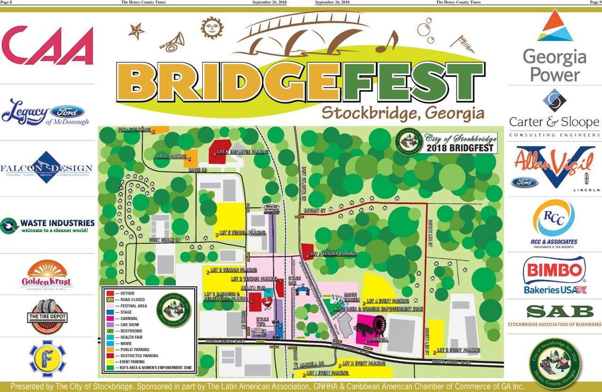 stockbridgecity's tweet photo. Stockbridge BridgeFest is here! Don't miss the family fun! We would like to thank our event sponsors for the support. See you at BridgeFest which will be at Stockbridge City Hall on Friday and Saturday. Join us! #BridgeFest2018 #BridgeFest #news #community https://t.co/PSH2n3ZhSz