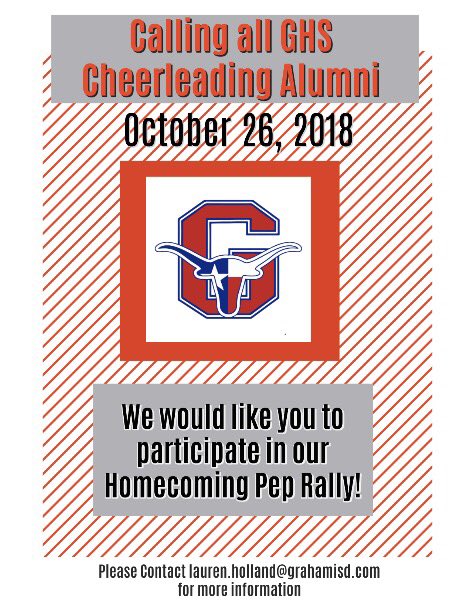 Graham ISD (@grahamisd) on Twitter photo GHS Cheer Alumni, please join us for Homecoming 2018! Contact lauren.holland@grahamisd.com for more info! GHS Cheer Alumni, please join us for Homecoming 2018! Contact lauren.holland@grahamisd.com for more info!
