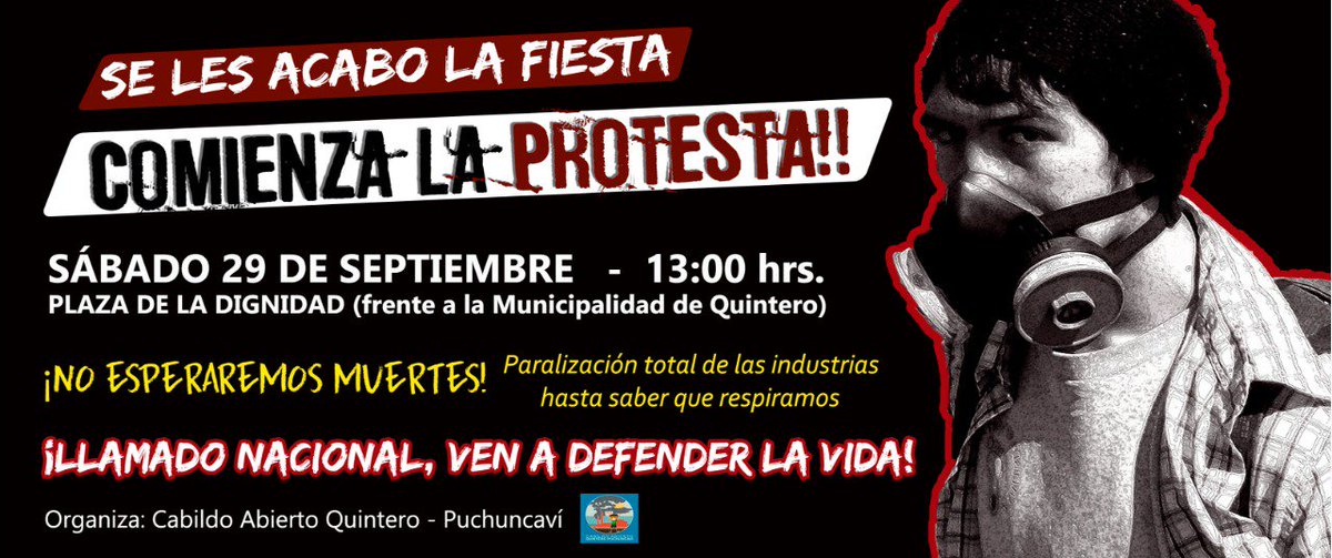 CabildoQP's tweet photo. 🚨🚨 URGENTE!! 🚨🚨
¡¡SE LES ACABÓ LA FIESTA, COMIENZA LA PROTESTA!! 🏴💥📢
#QuinteroResiste
POR SU NEGLIGENCIA Y ABANDONO DE DEBERES
EXIGIMOS LA PARALIZACIÓN TOTAL DE LAS INDUSTRIAS HASTA SABER QUÉ ESTAMOS RESPIRANDO
Llamado a todo el territorio nacional
#AquiSeRespiraLucha
RT https://t.co/nPpjtr4Dzt