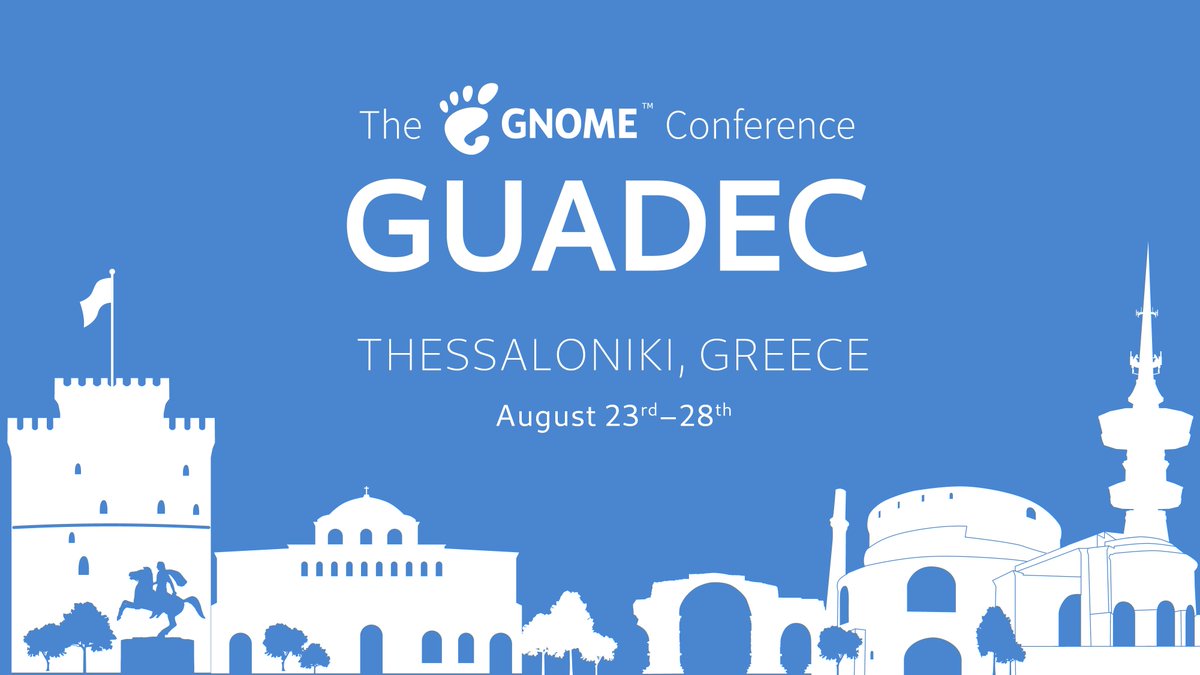 guadec's tweet image. We are excited to announce that #GUADEC2019 will be in Thessaloniki, Greece from the 23rd-28th August 2019. Mark your calendars and see you there!

gnome.org/news/2018/09/g…