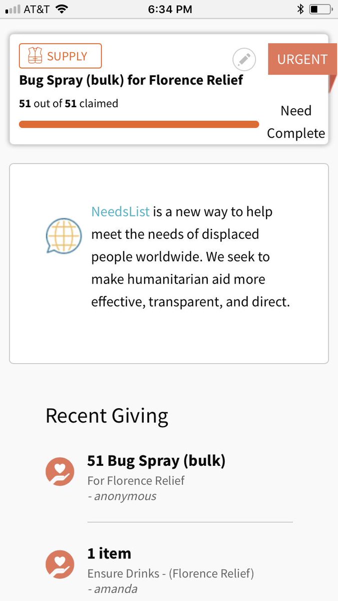 NeedsList4Good's tweet image. When a tech platform, a nonprofit, and a #Fortune500 company join forces to help communities impacted by #HurricaneFlorence...hundreds of bottle of bug spray are on their way to Kinston, North Carolina! Thanks @CVSHealth + @Good360! #needmet