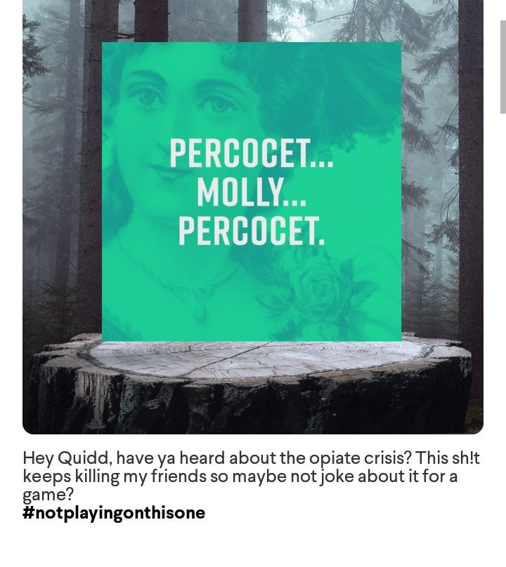 Ajamarie13's tweet photo. @Quidd
not really digging jokes like this when the opiate crisis keeps killing my friends. 17+ or not, a lot of the stuff in this set is in poor taste and shows really bad judgement. My avatar is literally from a comic about a homicidal maniac and you've managed to offend even me https://t.co/QKdhUlM5Sz