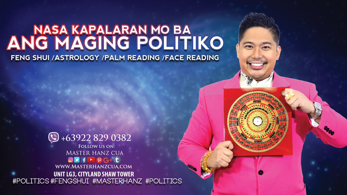MasterHanzCua's tweet photo. "Gusto malaman kung nasa kapalaran mo ba ang maging politiko"
Pa-Consult na kay Master Hanz
Contact: +63922 829 0382
#Politics #TimetoFile #Politiko #masterhanz #Social #Media #Account #FollowMe #MasterHanz #MostTrustedFengShuiMaster #TarotReading #FengShui https://t.co/Ibd2cRJpXR