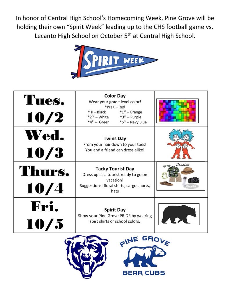 PrincipalPagano's tweet photo. Help us celebrate our high school neighbors to the west! Our newest tradition will be @CHS_ADMIN @chsbearsband hosting our 3rd-5th graders for their own private pep rally on 10/5. Before that though, we have to show our #kenaustinPRIDE with #SpiritWeek #BeatLecanto https://t.co/vgJEKkLLVn