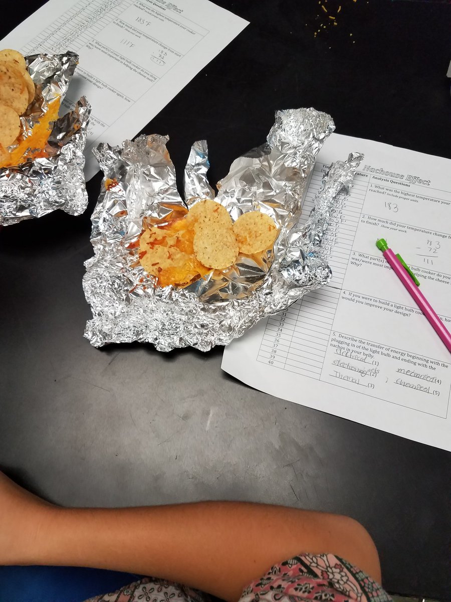 kadamswms's tweet photo. Students designed "ovens" using foil, a light bulb, and ring stand.  After eating nachos they described the transfer of energy. @Brynn_Welch_17 https://t.co/Z4FsftjZ16