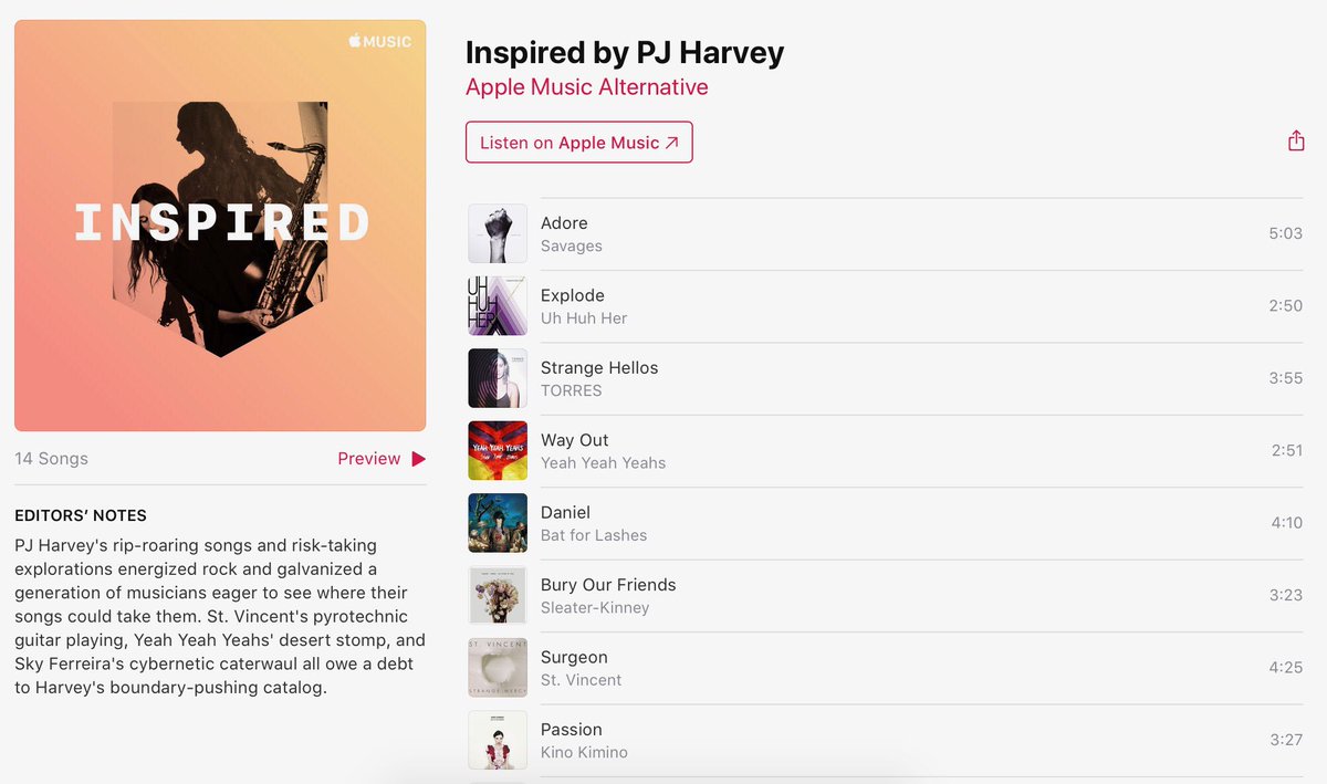 Thx <a href="/AppleMusic/">Apple Music</a> 🎉Honored 2 b a part of this nü playlist inspired by <a href="/PJHarveyUK/">PJ Harvey</a> w/ @Sleater_Kinney <a href="/st_vincent/">St. Vincent</a> <a href="/YYYs/">Yeah Yeah Yeahs</a>