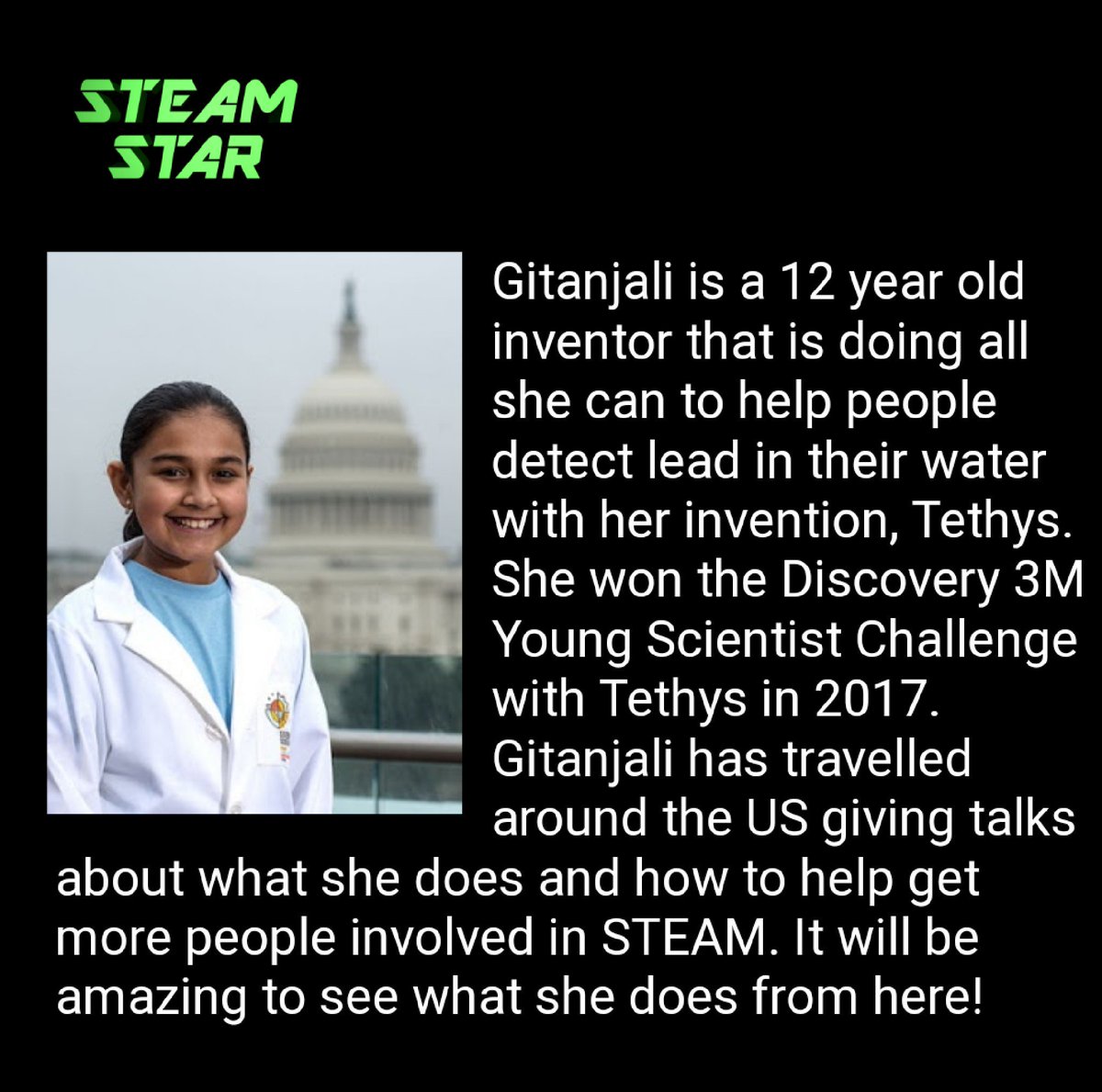 TheSTEAM_Squad's tweet photo. Meet our member and #STEAMStar, @gitanjaliarao! She's 12 years old and is last year's winner of @DiscoveryEd @3M #YoungScientistChallenge along with more! Check her out at https://t.co/tABFWzzhxI ! #STEAMSquad #STEAM #Tethys #lead #water #cleanwater #clean #inventor #invention https://t.co/E3zhF44GnF