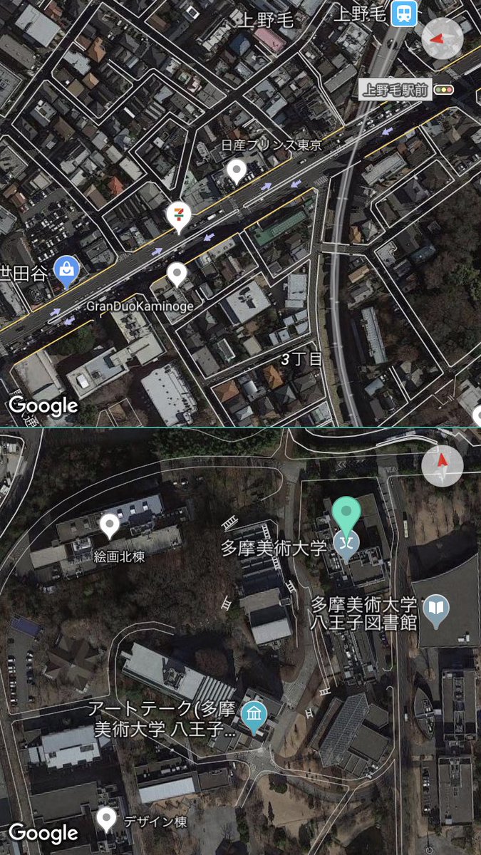 ssuge's tweet photo. 上野毛駅から上野毛キャンパス本館までの方が、八王子キャンパスバス降車場から八王子キャンパスデザイン棟より若干近い #多摩美 #doublemap https://t.co/HkWEkn0LlU
