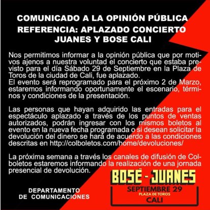Informamos a todos nuestros seguidores y a los ganadores de nuestros #Concurso90 que el concierto de Juanes y Miguel Bosé que estaba previsto para el 29 de septiembre de 2018, fue aplazado por motivos de logística para el 2 de Marzo de 2019.