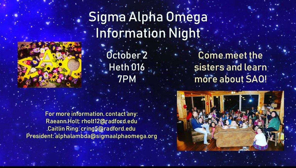 SAORadford's tweet photo. Are you a Radford student? Would you like to be with other girls who love Christ and love each other just as much? If you said yes to any of these questions then, Sigma Alpha Omega might be for you! Come out to our information night on Tuesday to check us out and meet the sisters https://t.co/o3w3dOC0Or