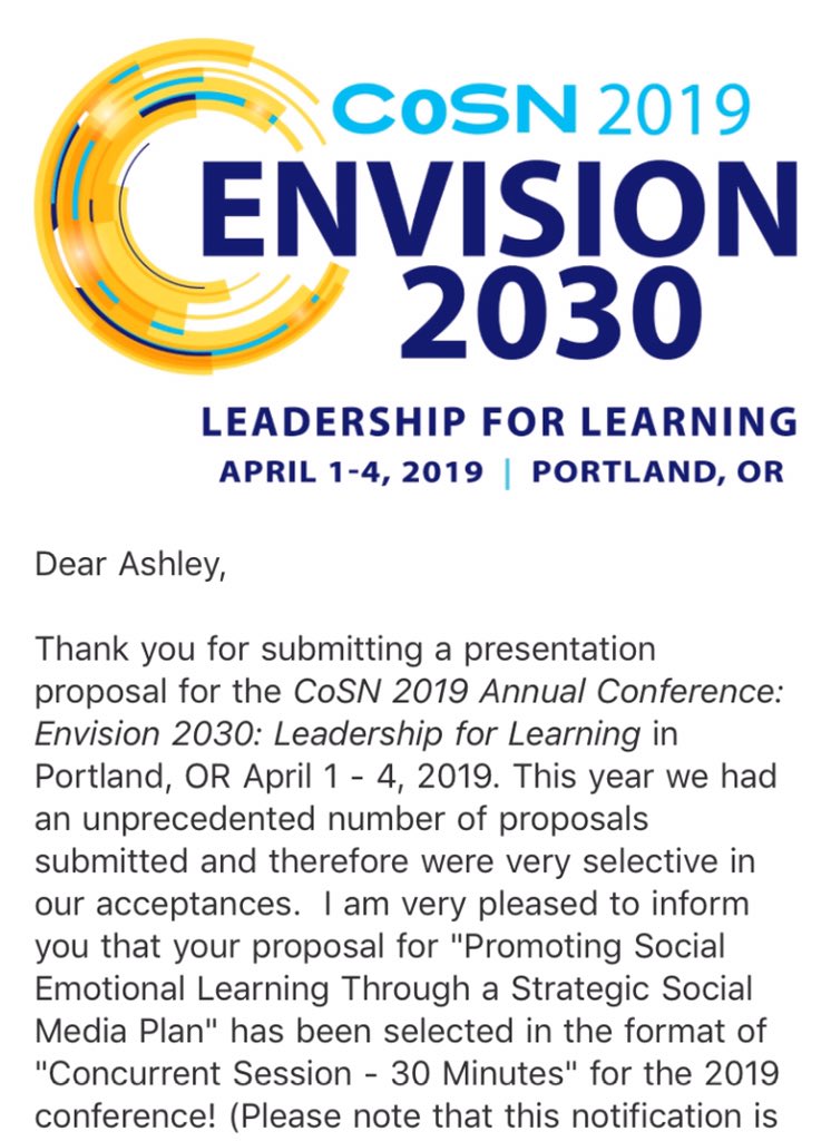 aplusedtech's tweet photo. I just got word: I have been accepted to present “Promoting Social Emotional Learning Through a Strategic Social Media Plan” at #COSN19! #nced #ncpdk #ncdlcn https://t.co/FVEHF9TSLe