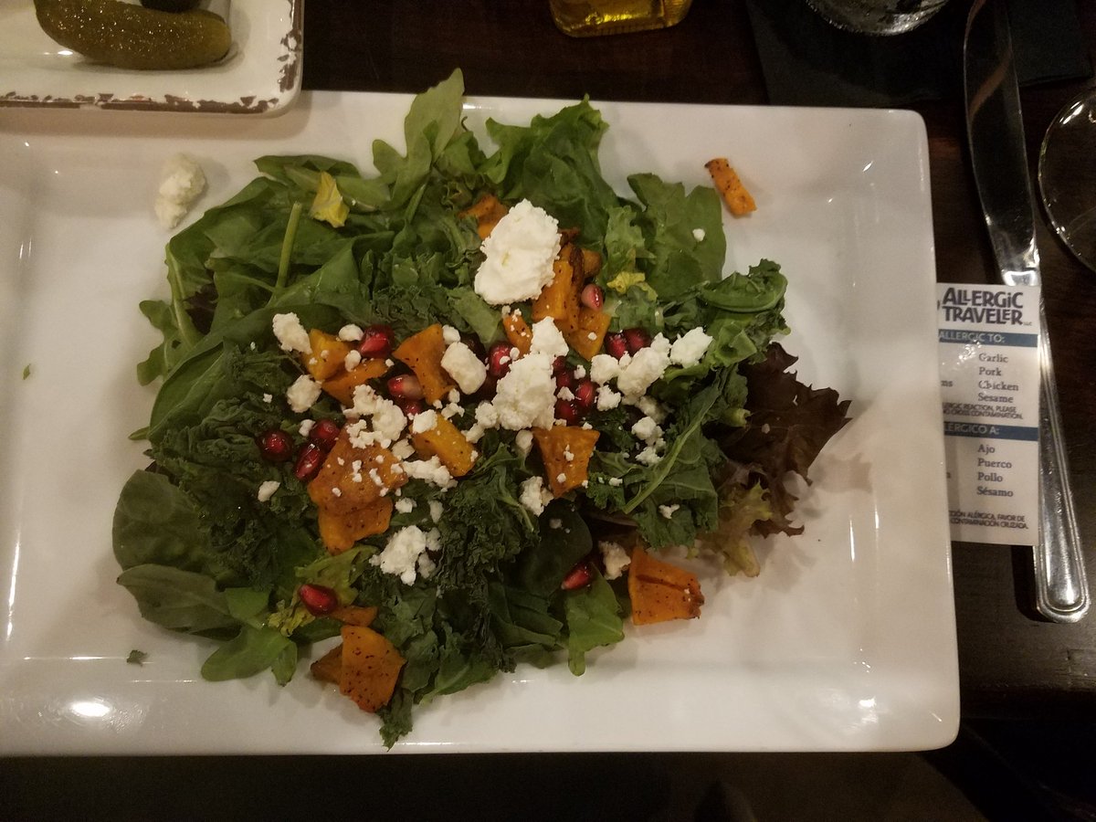 Allergictravelr's tweet photo. This fall salad from Water into Wine was delicious. It had pomegranate seeds, roasted squash, goat cheese and kale!!! Yum! I had it nut free with just oil & vinegar. #foodallergy #travel #gf #gfafevent #tn #knoxville https://t.co/xyDcOvoeKD