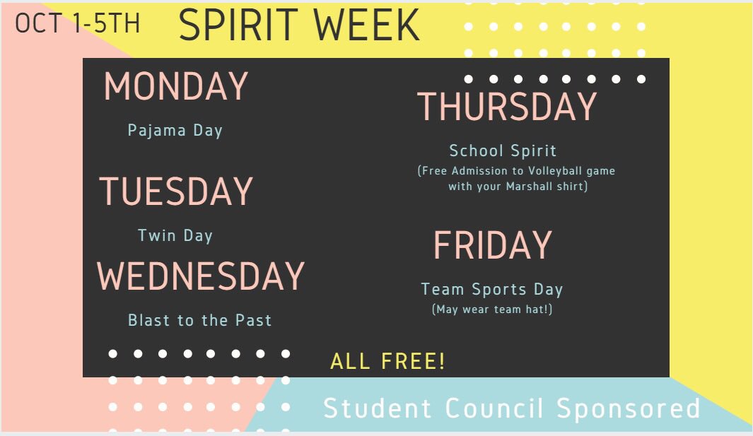 MarshallUsd259's tweet photo. Spirit week next week yay!! Parents please help remind students of spirit week fun!! 
👍🏼😊

#funweekahead #awesomeStudents
#WeareMarshall #wpsproud #amazingTeachers @WichitaUSD259 https://t.co/R2DI3w6DXK