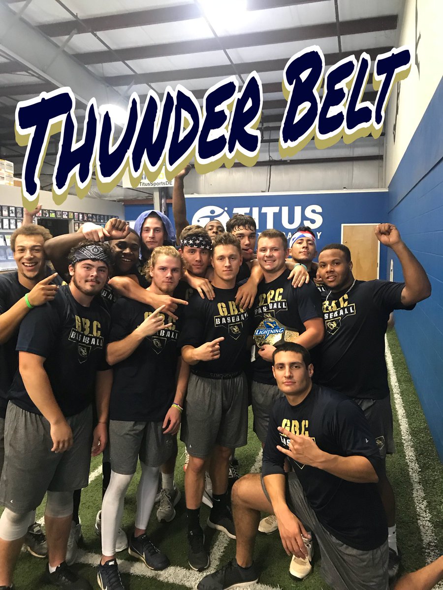 GBC_Baseball's tweet photo. This weeks #ThunderBelt goes to @justinhill1103 who has been dominating in the weight room and in skill work. His work ethic and leadership ability is second to none  #STRIKE #386 https://t.co/L4kcYahTeC