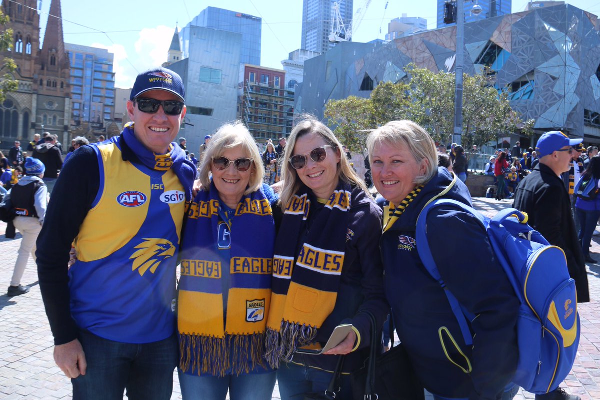 AndieNoonan's tweet photo. These Eagles fans have come all the way from Perth, and Brisbane for today’s #AFLGrandFinal
@abcmelbourne @abcgrandstand 
#ItsTimeToFly #ABCAFL #AFL https://t.co/Gp4rUZd8p2