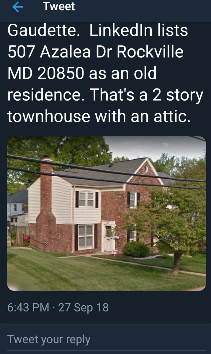 04721bU25K27Ik3's tweet photo. This 2 story townhome at 507 Azalea Dr owned by Tim Gaudette's Mom in the 80's certainly may have looked like a "single family home" to a 15 year old. It is the end unit with a side entrance.
Via google earth.
#TimGaudette
#TimesUp
#KavanaughHearings https://t.co/UHrKZHAguy