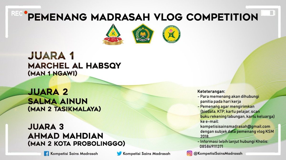ksmnasional's tweet photo. Ini dia Juara Lomba Vlog yang di umumin saat penutupan KSM 
Selamat ya untuk para juara... #ksmbengkulu 
#ksm2018 
#madrasahhebatbermartabat https://t.co/D3py0VIXLh
